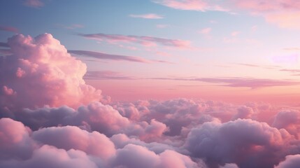 Poster - Blue sky with fluffy pink clouds at sunset, dawn of the day. Warm pastel colors, serene romantic background.