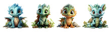 Set Of 3d Illustrations Of Adorable Cute Dragon Cartoon Characters, Isolated On Transparent Background, Generative Ai