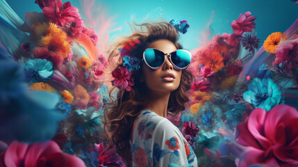 Wall Mural - Beautiful woman with sunglasses surrounded by a colorful floral world, generated with ai