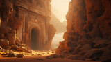 Fototapeta  - Fantasy ruins of a lost temple among the rocks in a desert, discovered during an archaeological exploration. Wallpaper similar to Petra, featuring golden light from the sunset
