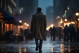 Fototapeta  - Man in a trench coat walking down a city street