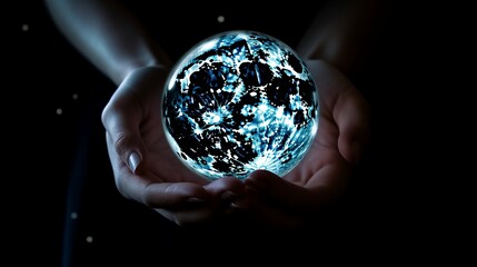 Wall Mural - moon globe held in hands against a starry sky backdrop. conjuring a sense of esoteric mysticism, ast