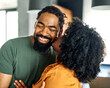 © Lumos sp - woman man couple happy together hug bonding talking dating  leisure fun smiling love young home kitchen two girlfriend boyfriend date wife relationship african american romance kiss kissing