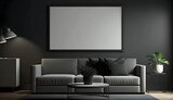 Fototapeta  - Blank horizontal poster frame mock up in minimal Dark style living room interior, modern living room interior background. generative ai.