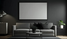 Blank Horizontal Poster Frame Mock Up In Minimal Dark Style Living Room Interior, Modern Living Room Interior Background. Generative Ai.