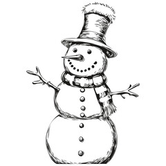 Snowman Isolated Vintage Sketch Classic Black and White Drawing of Christmas Snowman with Seasonal Theme, black white isolated Vector ink outlines template for greeting card, poster, invitation, logo