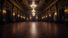 Long Shot Palace Hall. Interior Of A Historic Palace, Luxury Corridor With A Large Window And Gold Ornament.