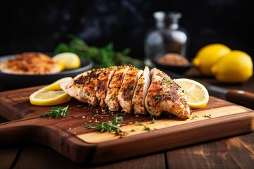 Wall Mural - Close-up grilled chicken breast with spice on a cutting board