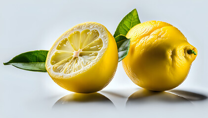 Lemon fruit with green leaves - set composition of food photography