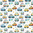 Colorful childish watercolor seamless pattern with cute cars and musical notes, saying 