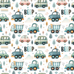 Watercolor childish seamless pattern with various cars and 