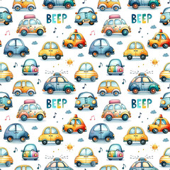 Colorful childish watercolor seamless pattern with cute cars and musical notes, saying 