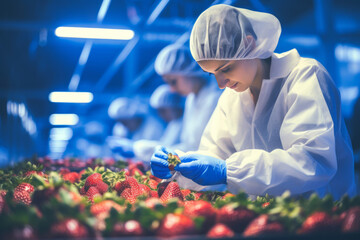 woman technologist working at fruit warehouse checking quality control, food processing factory control