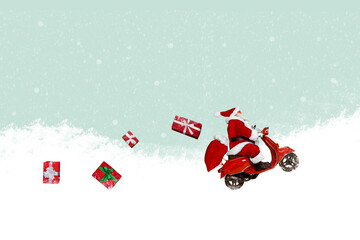 Canvas Print - Postcard banner collage of jolly funky santa claus riding motorcycle delivering gifts falling down boxes isolated on drawing background