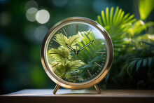 Transparent Glass Clock, With Green Natural Leaves Inside Click Face, Surrounded Fresh Green Leaves On A Background, Environment Concept, Sustainable Development And Responsible Environmental