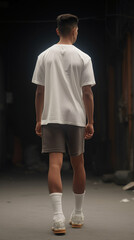 a medium shot of Indonesain male back angle wearing white running short sleeve and short pants running, on the street, background, looking up over the shoulder expression, ai generative