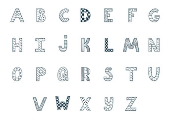 Black and white funky alphabet set with outline and memphis decoration. Patterned bold doodle font. Funny latin ABC with uppercase letters for retro design, logo, cover, headline, greeting card