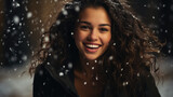 Fototapeta Dziecięca - Beautiful young woman with curly hair on the background of the night winter city.