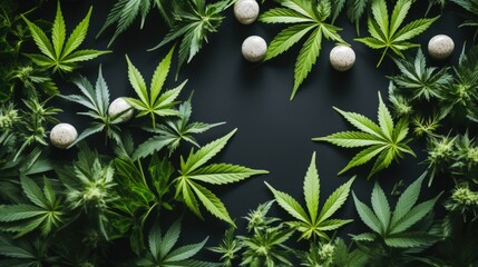 Wall Mural - CBD cannabis pills and green hemp leaves on a dark background. Copy space. Medical marijuana concept. Generative AI