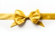 Golden ribbon bow on left of long straight ribbon for holiday banners, isolated on white background