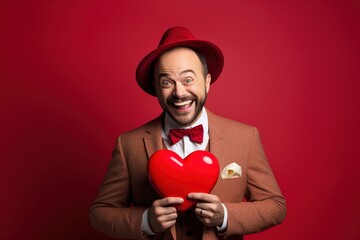 Portrait of a happy  man with a red heart  on Valentine's day concept.