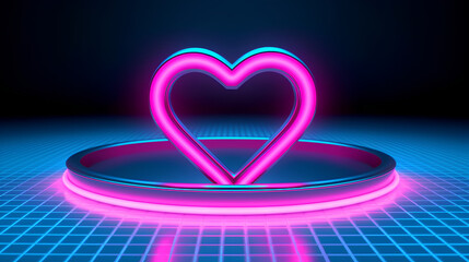 Poster - A three-dimensional podium with an abstract background. 3D illustration of the heart, presentation, layout, podium with neon lighting.
