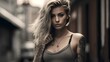 Dynamic posing a woman with tattoos, light hair, intense gaze, street style realism, strong sense of light. generative AI