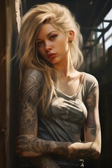 Wall Mural - Dynamic posing a woman with tattoos, light hair, intense gaze, street style realism, strong sense of light. realistic illustration. generative AI