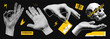 © Teodora ART - Trendy halftone hands collage set witn human skull and doodle elements. Barcode, torn paper, warning tape and sticker. Black contemporary grunge background.