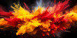 Explosive burst of red and yellow powder on a dark background, resembling a fiery nebula or dynamic paint splatter, symbolizing energy, force, and artistic creativity