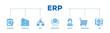 ERP infographic icon flow process which consists of inventory, financials, hrm, production, service, purchasing, and mrp icon live stroke and easy to edit 