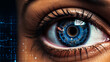 Close-up of human eye with futuristic digital overlay, concept of biometric scanning technology and advanced personal identification