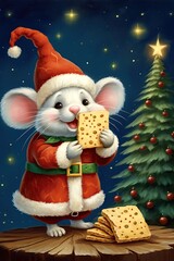 Mouse holding swiss cheese. Vintage Christmas postcard design. Generative Ai