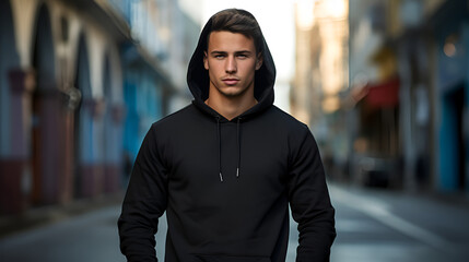 Sticker - Attractive sporty man dressed in a blank black hoodie with hood and kangaroo pocket against the background of the city street