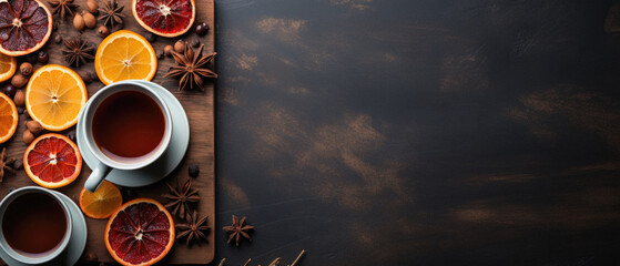 Wall Mural - Cup of hot mulled wine with spices on wooden background. Top view, copy space.