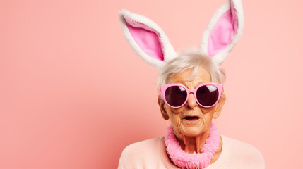 Old woman wearing bunnyears headband and goggles on isolated pink background - ai generative