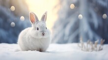 White Rabbit Is Sitting On Snow Blurred Background. AI Generated Image