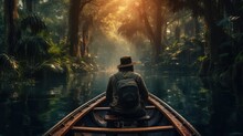 A Man In A Boat Floats On A River In The Jungle