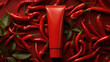 Mockup of tube of cosmetic cream or face mask with hot pepper extract surrounded by chili red fresh peppers. Warming regenerating pepper cream packaging design template.