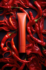 Mockup of blank tube of cosmetic cream or face mask with hot pepper extract surrounded by chili red fresh peppers. Warming regenerating pepper cream packaging design template.