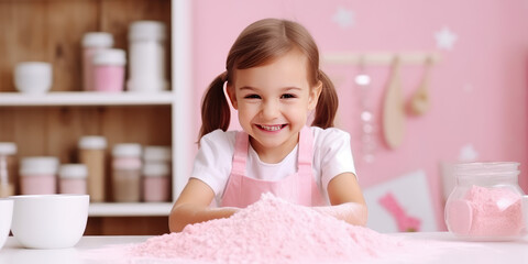 Сute little girl smile and make baked goods in a pastel pink minimalist kitchen. Child soiled in flour, learning to cook, fun home activity.