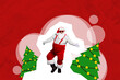 © deagreez - Collage artwork graphics picture of carefree funky claus choosing xmas tree isolated painting red color background