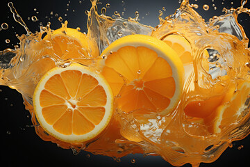 Wall Mural - Oranges in splashes of water on a dark background. Generative AI.