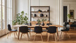 Une salle à manger élégante avec une table en bois clair, des chaises noires modernes, une étagère murale avec objets décoratifs et plantes d'un appartement à Paris.