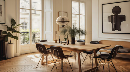 Une salle à manger lumineuse d'un appartement parisien avec une esthétique moderne, caractérisée par une grande table en bois, des chaises design, une œuvre d'art au mur.