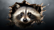 Scared and surprised raccoon leaning out of a torn paper hole on a blank white background, with space for text, dynamic pose and emotion
