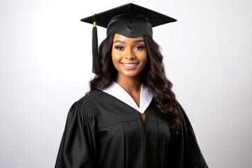 Wall Mural - Young smiling african beauty girl wearing graduation dress and cap isolated on white background.generative ai