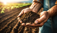 Close-up Of Two Wrinkled Hands (cupped Hands Full Soil) Of A Farmer, Showing The Soil Of His Cultivated Field. In The Background A Blurred Agricultural Field At Sunrise Or Sunset.
