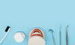 Jaw Model with Dental Tools on Blue Background, Flat Lay
