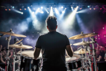 A drummer rocking the stage, creating musical magic and setting the crowd on fire in the vibrant atmosphere of a live concert.